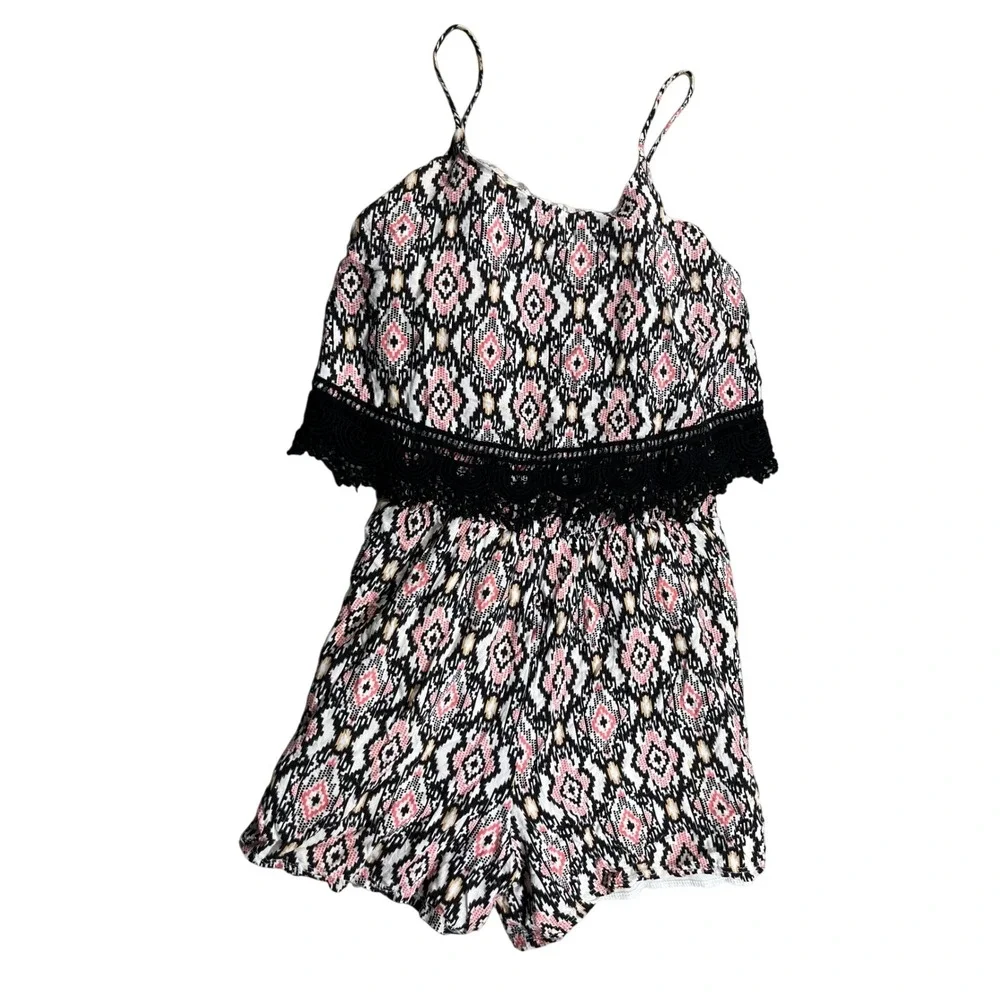 WallFlower Aztec Print Romper Large Boho‎ Crochet Trim Sleeveless